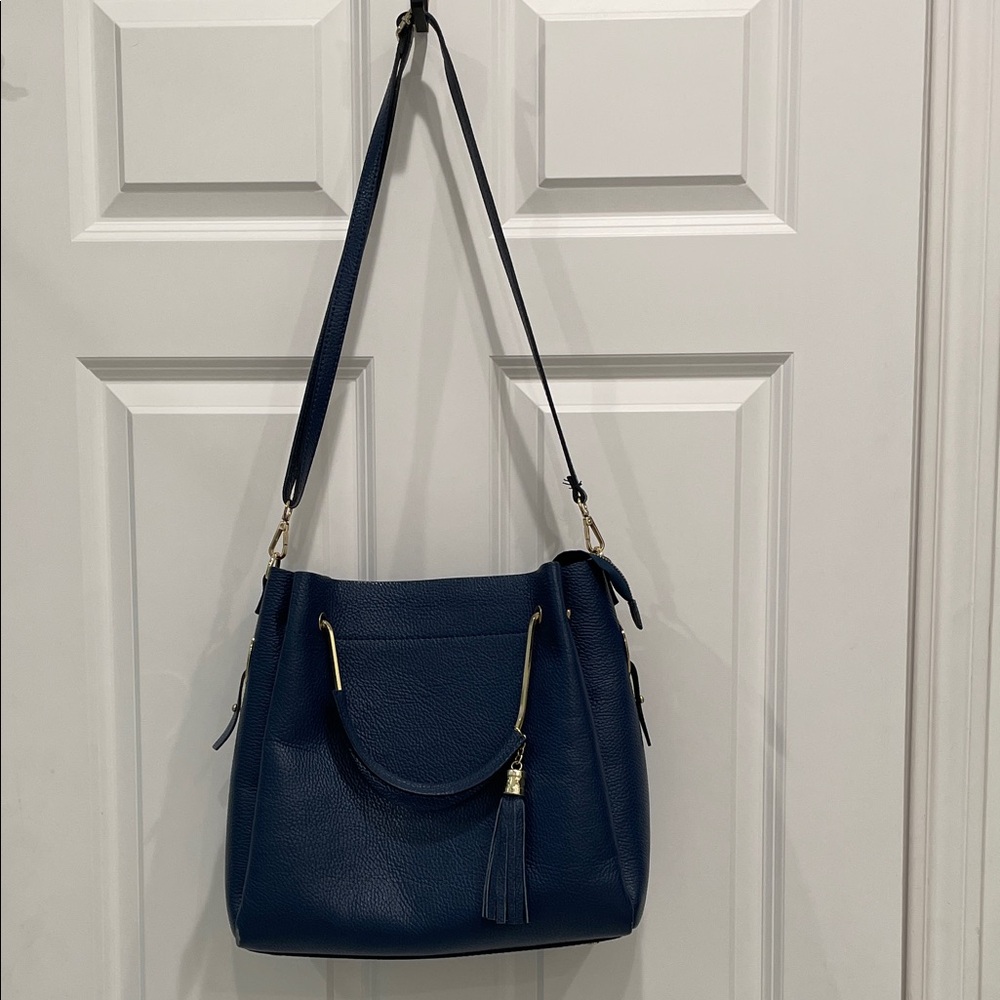 Structured Navy Shoulder Bag with Tassel Accent